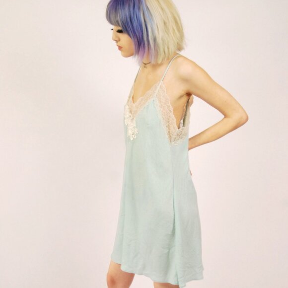 Y2K Mint Slip Dress (L) large vintage blue mini sleepwear lingerie sexy nightie - Picture 2 of 8